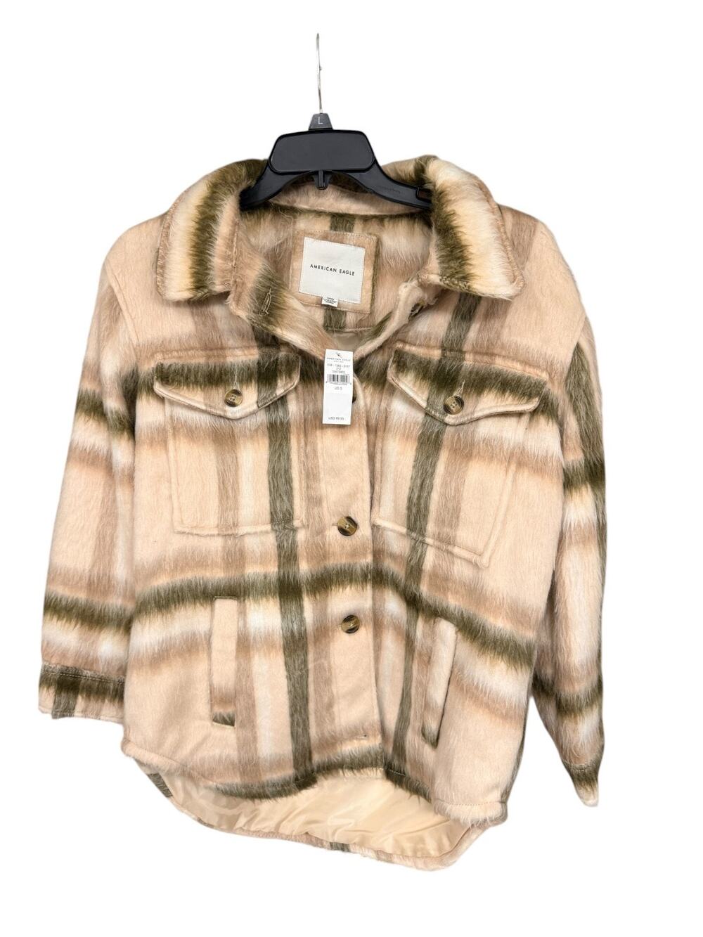 NWT American Eagle Brushed Plaid Fuzzy Shacket Womens S Beige Olive